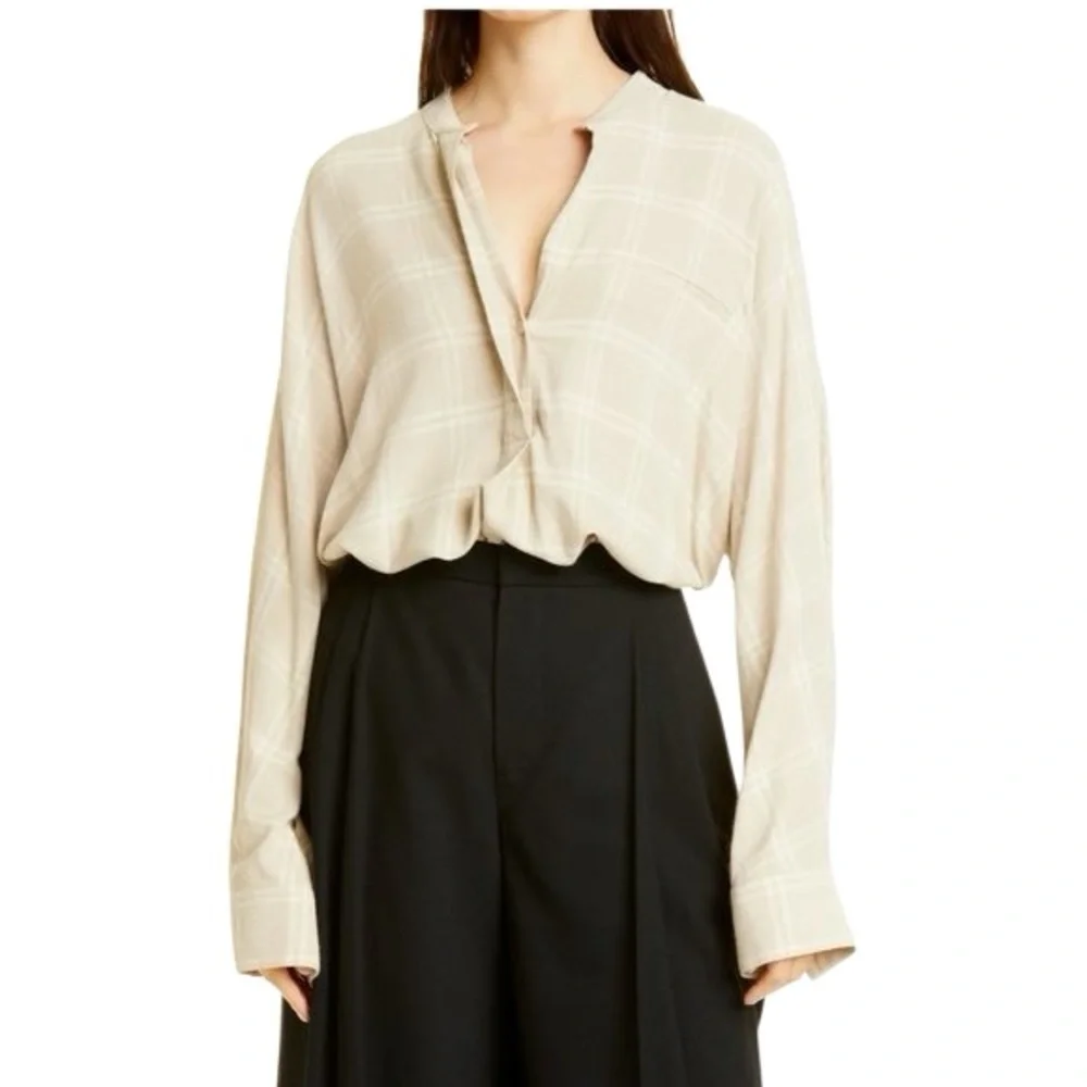 🆕 NWT Vince Shadow Plaid Long Sleeve Wool Blend Blouse Size XXL (MSRP $325)